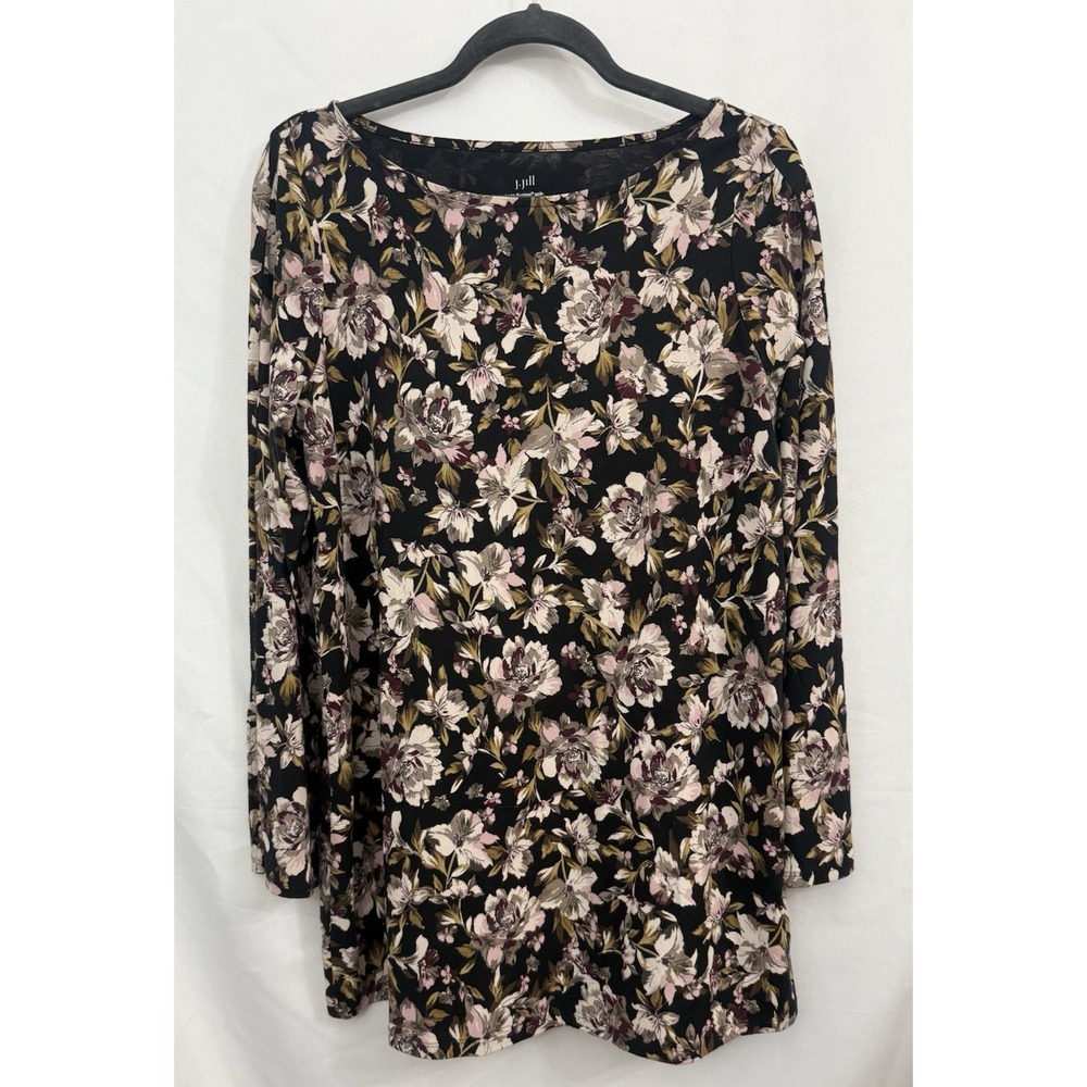 J. Jill Luxe Supima Split Sleeve Tunic Top Black Floral Womens Size M